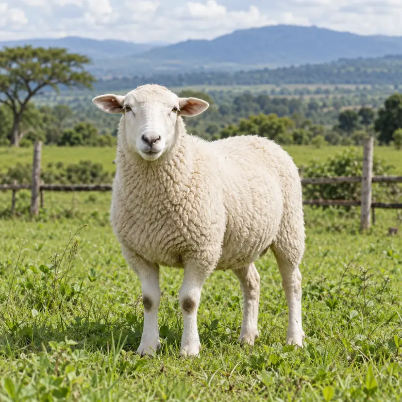 White sheep grazing in a green pasture
